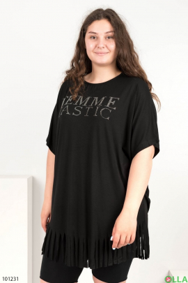 Женская черная футболка с бахромой
