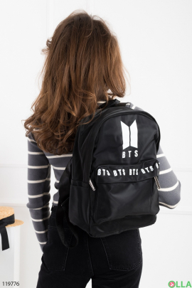 Women's black backpack with print