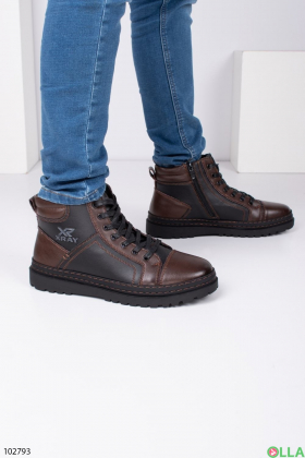 Men's winter black-brown boots made of genuine leather