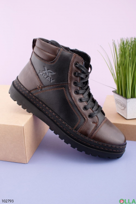 Men's winter black-brown boots made of genuine leather