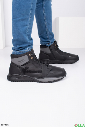 Мужские зимние черно-серые ботинки из натуральной кожи