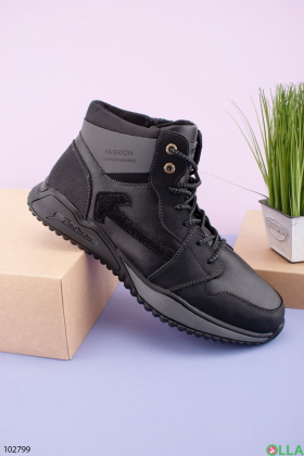 Men's winter black and gray boots made of genuine leather
