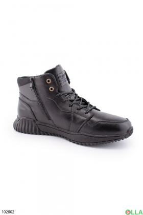 Men's winter black and gray boots made of genuine leather