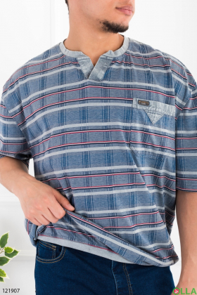 Мужская серо-синяя футболка батал в полоску