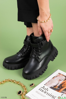 Жіночі зимові чорні черевики із еко-шкіри