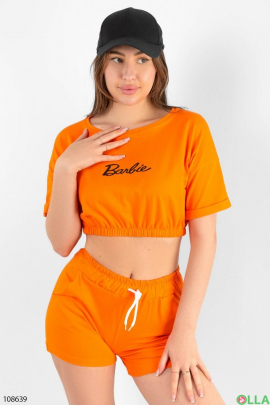 Женский оранжевый костюм из топа и шорт 