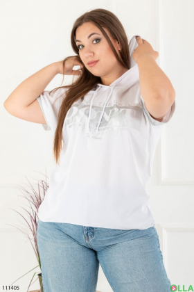Женская белая футболка-батал с капюшоном