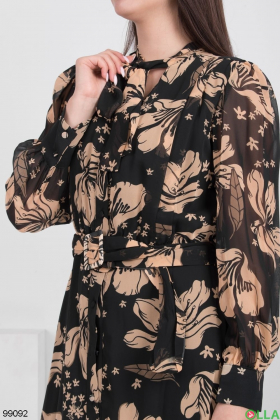 Женское черно-бежевое платье в цветочный принт
