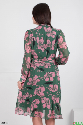 Женское зелено-розовое платье в цветочный принт