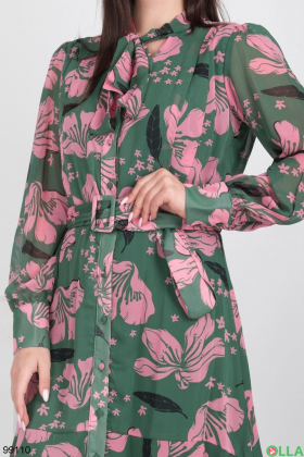 Женское зелено-розовое платье в цветочный принт