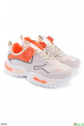 Женские бежево-оранжевые кроссовки на платформе 