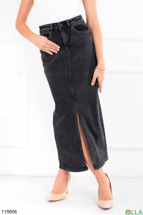 Women's dark-gray denim skirt with a slit