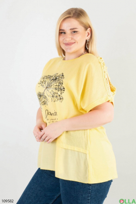 Жіноча жовта футболка батал з малюнком