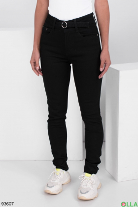 Жіночі чорні джинси-скінні на флісі з поясом