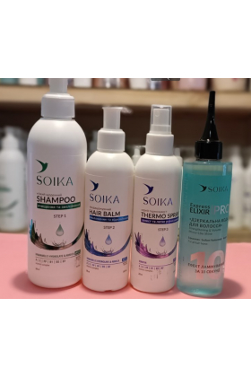 Набір для відновлення волосся 4 в 1: шампунь, бальзам, спрей-термозахист, дзеркальна вода SOIKA -