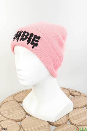 Женская розовая шапка с надписью
