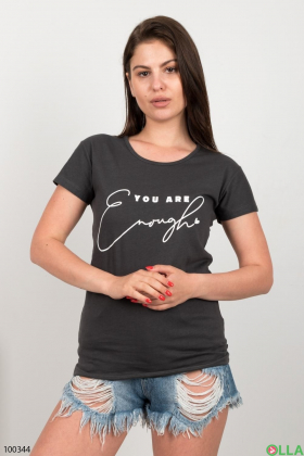 Жіноча темно-сіра футболка з написом
