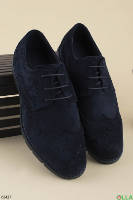 Мужские темно-синие туфли из эко-замши на шнуровке