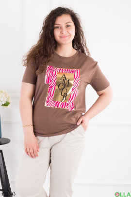Жіноча коричнева футболка батал з принтом
