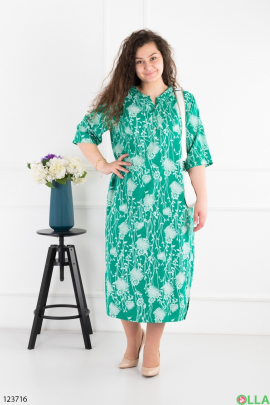 Женское зеленое платье батал с цветочным принтом