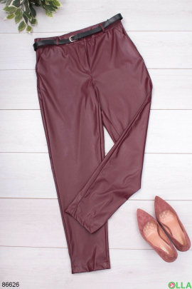 Women's burgundy eco-leather trousers