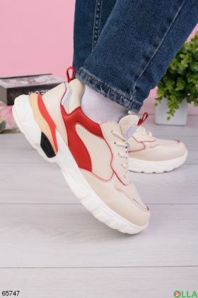 Women's red-beige lace-up sneakers