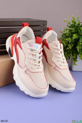 Women's red-beige lace-up sneakers