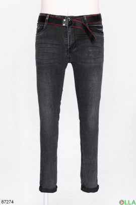 Men's dark gray jeans with a belt