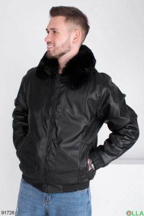 Чоловіча зимова чорна куртка з еко-шкіри