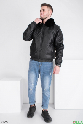 Мужская зимняя черная куртка из эко-кожи