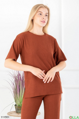 Жіночий коричневий комплект з футболки та брюк