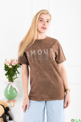 Жіноча коричнева футболка оверсайз з написом