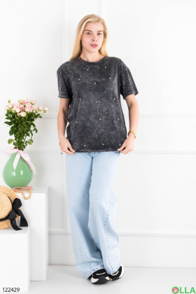 Women's dark gray oversized T-shirt with decor