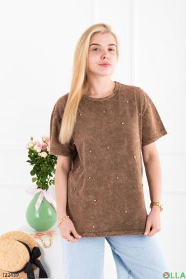 Женская коричневая футболка оверсайз с декором