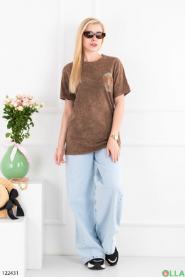 Women's brown oversized T-shirt with print