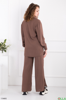 Жіночий коричневий комплект із сорочки та брюк