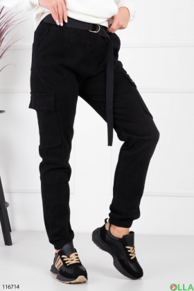 Женские черные брюки-карго на флисе