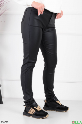 Жіночі чорні брюки-скінні з еко-шкіри на флісі