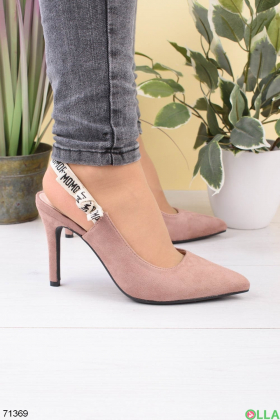 Women's beige eco-suede sandals with heels