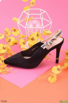 Women's black eco-suede sandals with heels