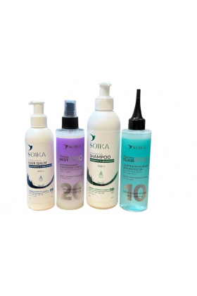 Набор для восстановления волос 4 в 1: шампунь, бальзам, спрей-термозащита, зеркальная вода SOIKA 