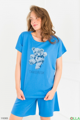 Женский синий комплект из футболки и шорт