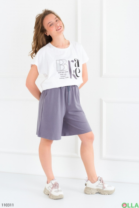 Женский бело-фиолетовый комплект из футболки и шорт