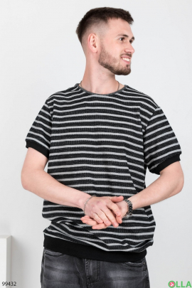Мужская черно-серая футболка-поло в полоску
