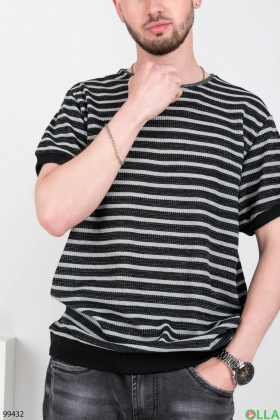 Мужская черно-серая футболка-поло в полоску