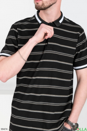 Мужская черная футболка-поло в полоску