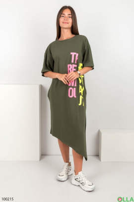Жіноча трикотажна сукня кольору хакі з написом