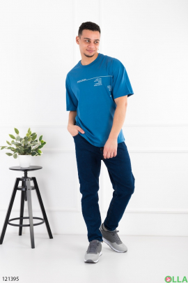 Мужская синяя футболка оверсайз с надписью