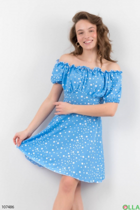 Женское голубое платье с принтом в горох