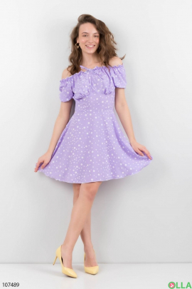 Женское лиловое платье с принтом в горох